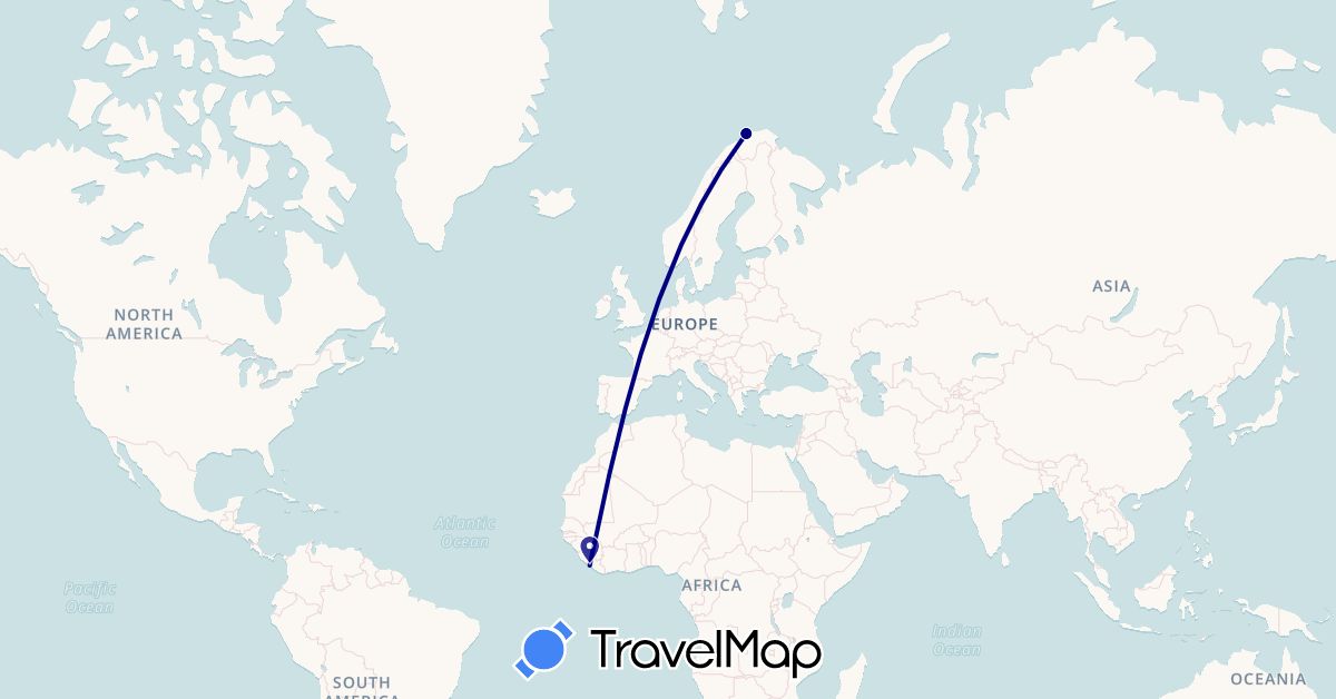 TravelMap itinerary: driving, plane in Liberia, Norway (Africa, Europe)